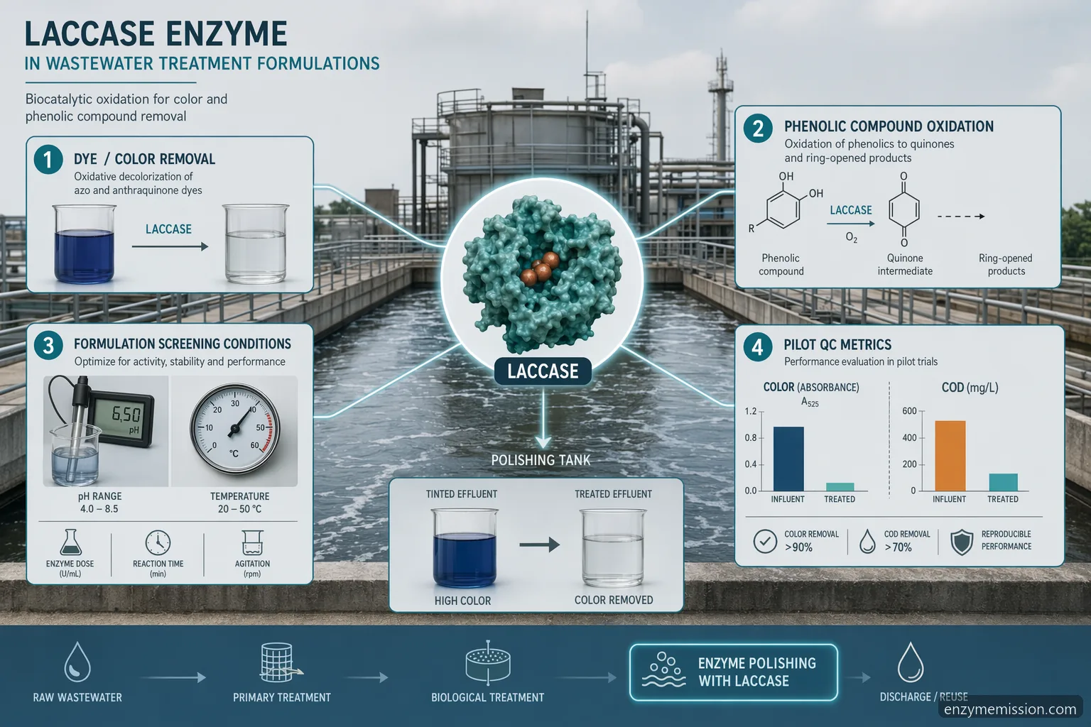 application of laccase enzyme wastewater treatment formulations with color removal, phenol oxidation, and QC metrics