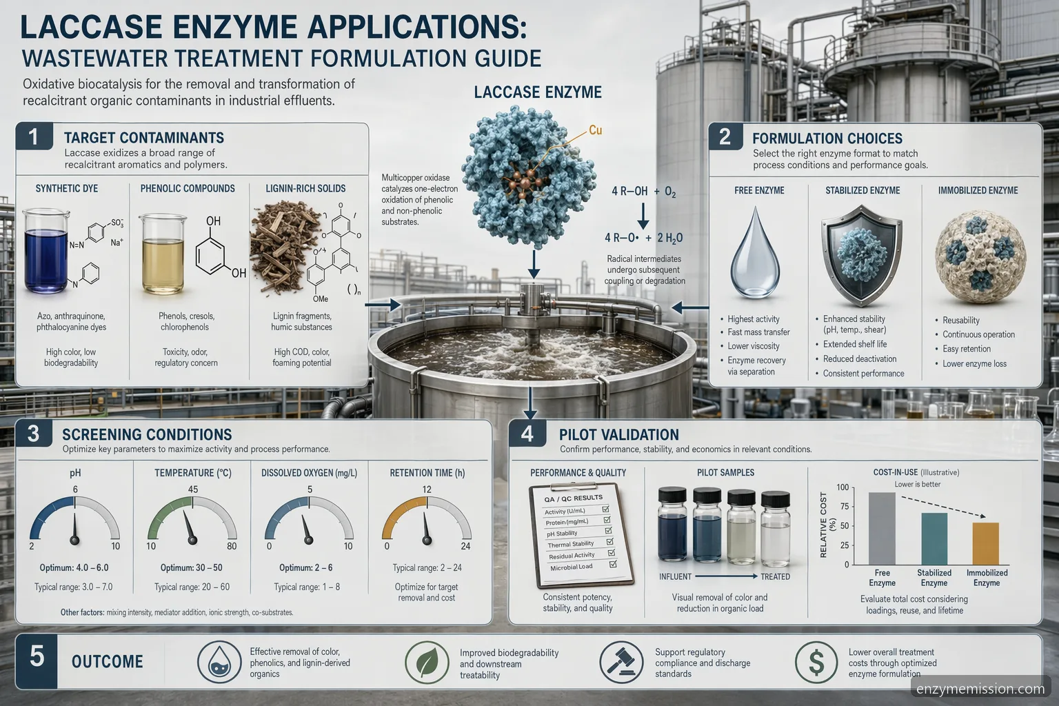 laccase enzyme applications wastewater formulation guide showing dye, phenol, lignin treatment and pilot checks