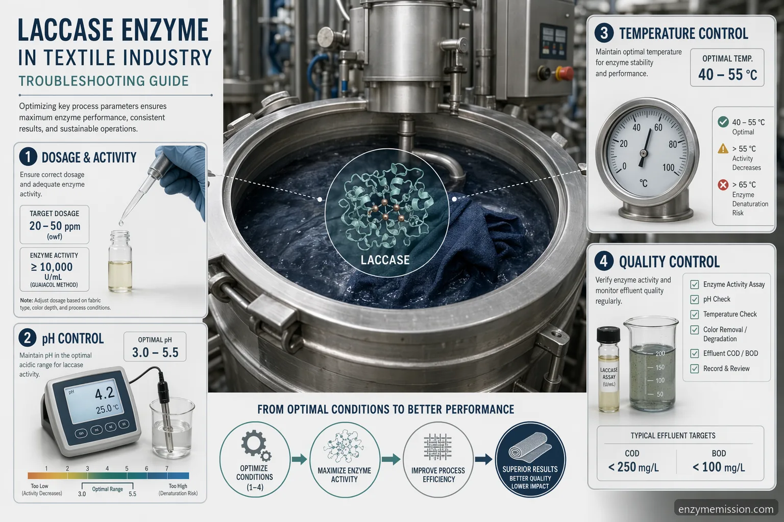 laccase enzyme in textile industry dosage troubleshooting infographic with pH, temperature, QC, and effluent controls