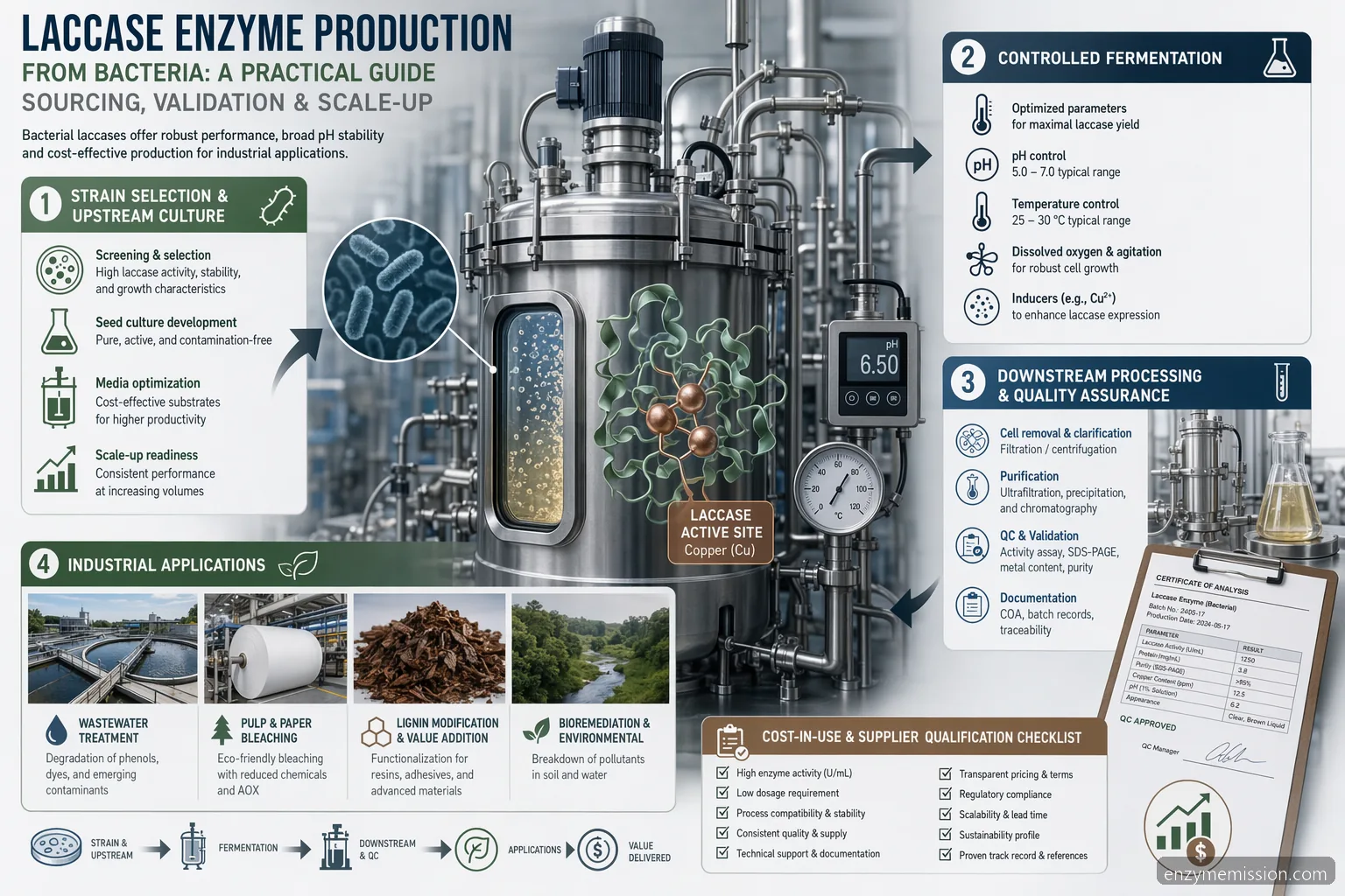 Guide til laccase enzyme production from bacteria med sourcing, opskalering, QC og industrielle anvendelser