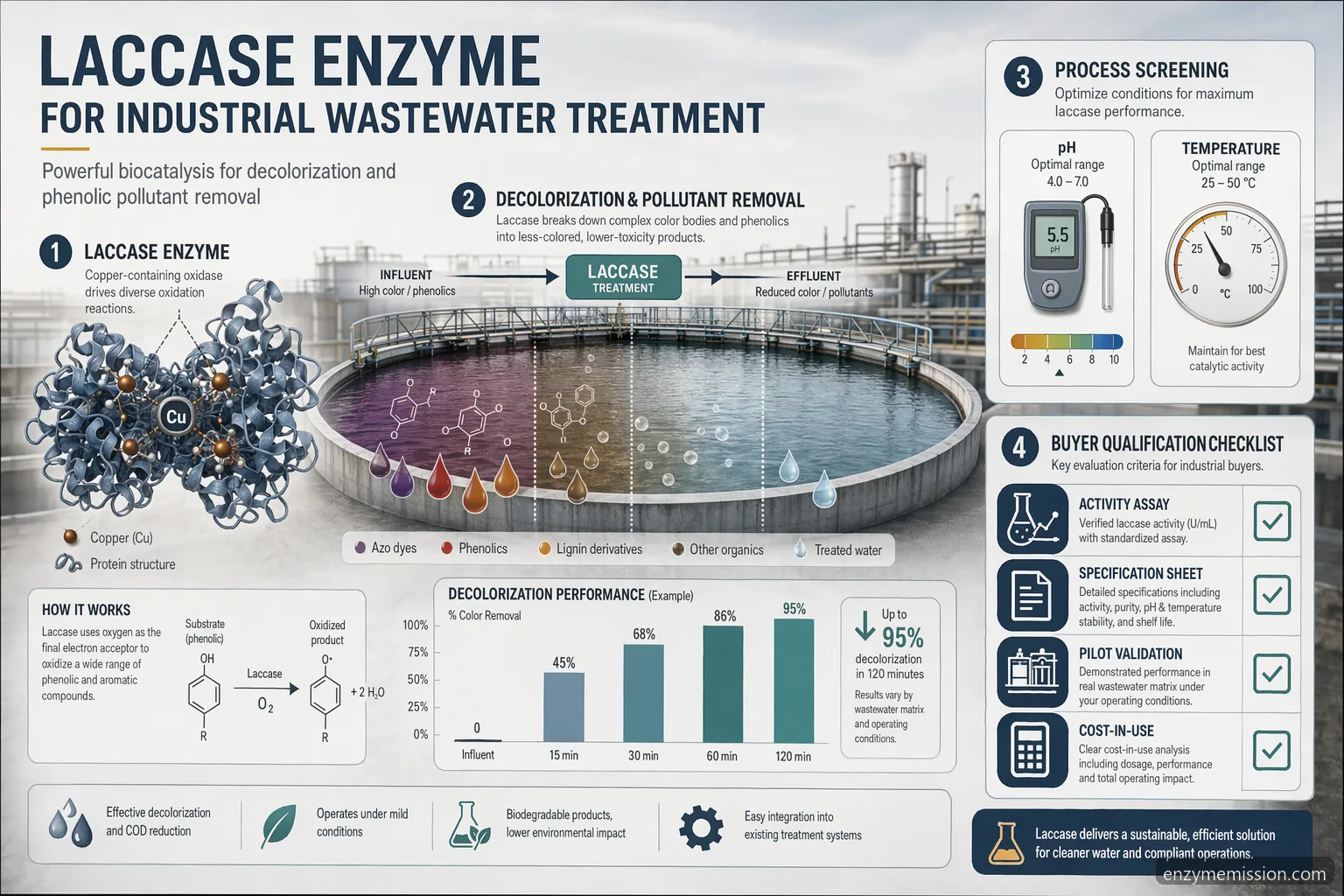 Инфографика за laccase enzyme при отпадъчни води с премахване на багрила, условия за скрининг, спецификации и пилотно мащабиране