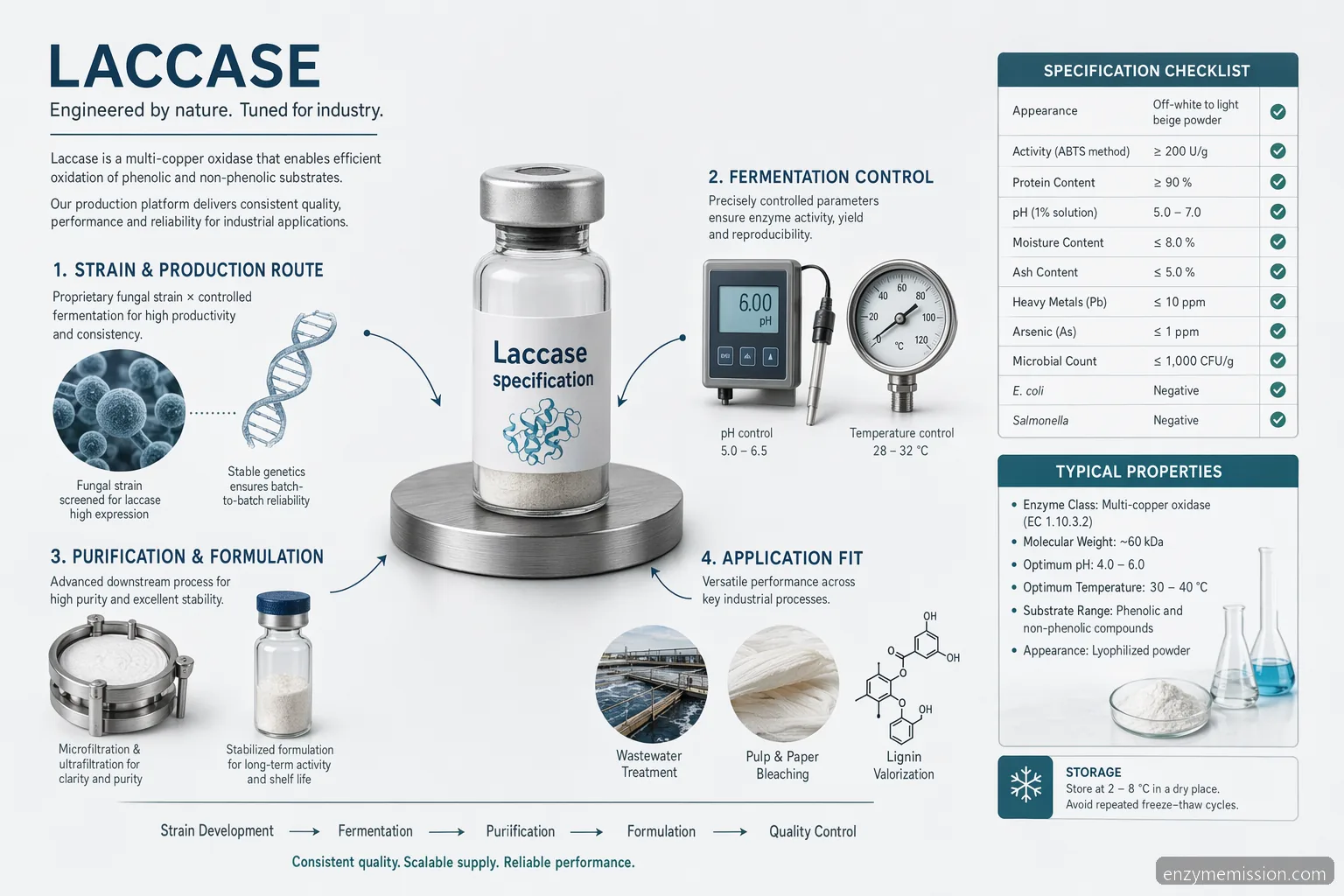 production of laccase enzyme specification checklist with fermentation, purification, stability, and application fit cues